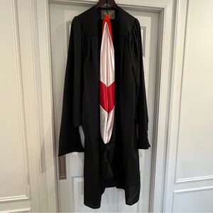 Unisex Black Graduation Gown with Red and White Masters Hood RPI